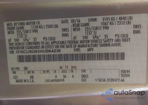 2017 Ford Escape Se z USA, uszkodzony, nr VIN 1FMCU9G93HUB64238